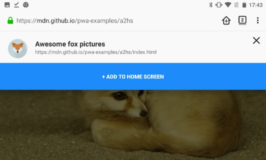 A screenshot of the add to home screen function in Firefox